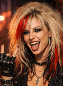 Rock musician with wild hair and makeup.