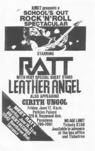 Concert flyer for bands Rat, Leather Angel, and Critter Ungol.