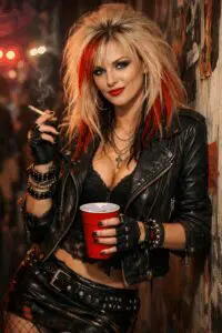 Woman with red-streaked hair in a leather jacket holding a red cup.