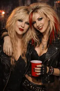 Two women in leather jackets smiling and posing together at a party.
