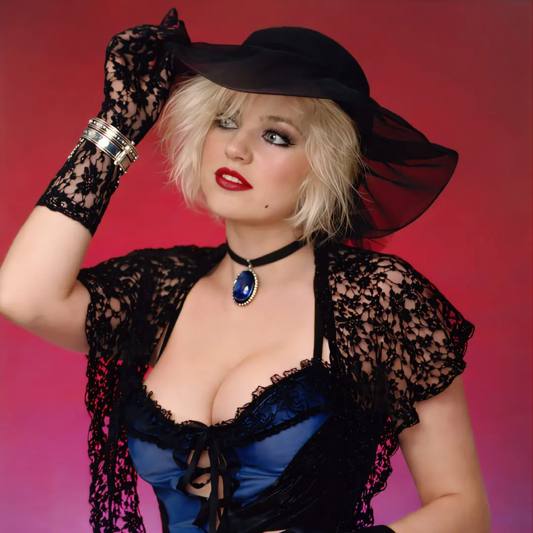 Woman in vintage gothic attire with a black hat and lace gloves.