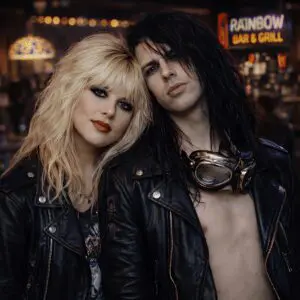 Two rock musicians posing in leather jackets at a bar.